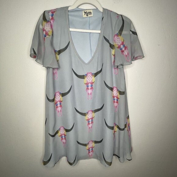 Show Me Your Mumu Kyle Mini Dress Womens M Blue Chiffon Cow Skull Western Boho - Picture 2 of 12